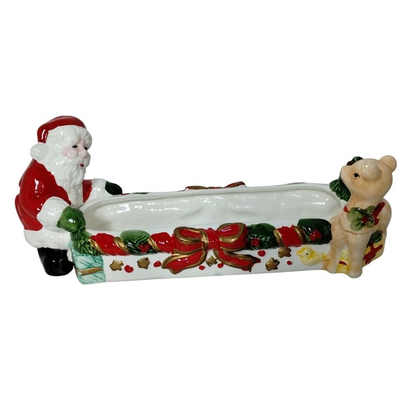 Vintage Santa & Deer Christmas Cracker Holder Oblong Dish World Bazaars Holiday - Picture 1 of 8